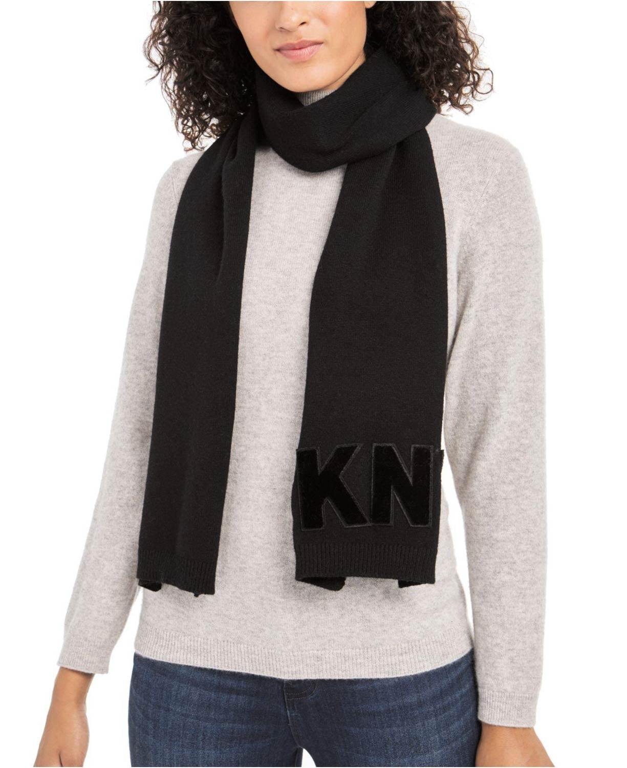 DKNY Womens Logo Velvet Flocked Flat Knit Scarf Black DY01004