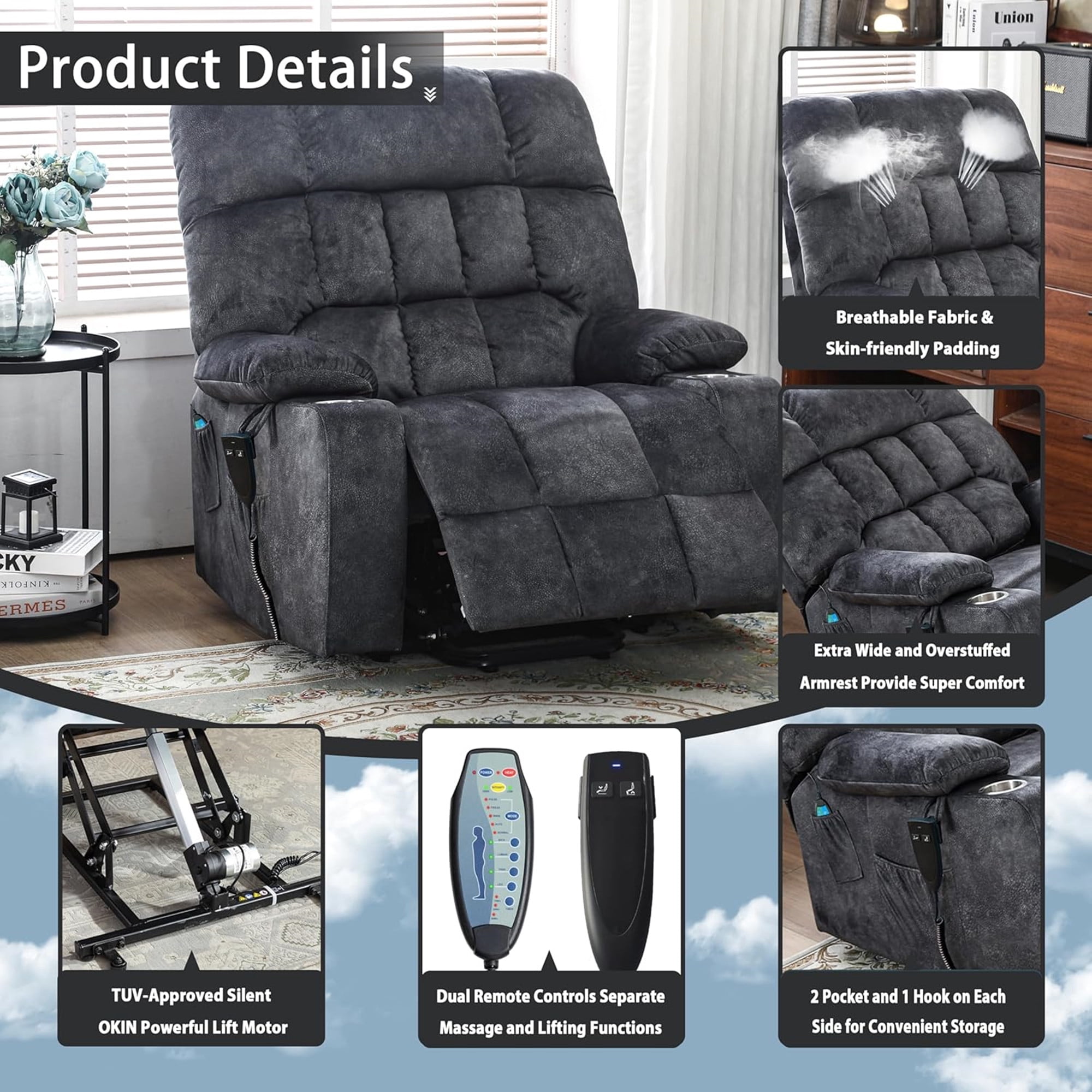 LITVZ Heavy Duty Recliner Chairs with Cup Holders for Adults Big and Tall, Oversized Power Recliner Lift Chair for Elderly, Heat and Massage, Stand Up, Lay Flat 160 Degree Sleeping