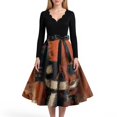 thumbnail image 4 of Halloween Dresses for Women Pumpkin Bat Long Sleeve 1950s Cocktail Classic Tea Length Dress V Neck Hepburn Fall Retro Dress with Belt 2XL, 4 of 5