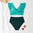 thumbnail image 5 of Women's Pleated Slim Fit V-Neck Color Block Ruffled Two-Piece Swimsuit Cyan L, 5 of 8