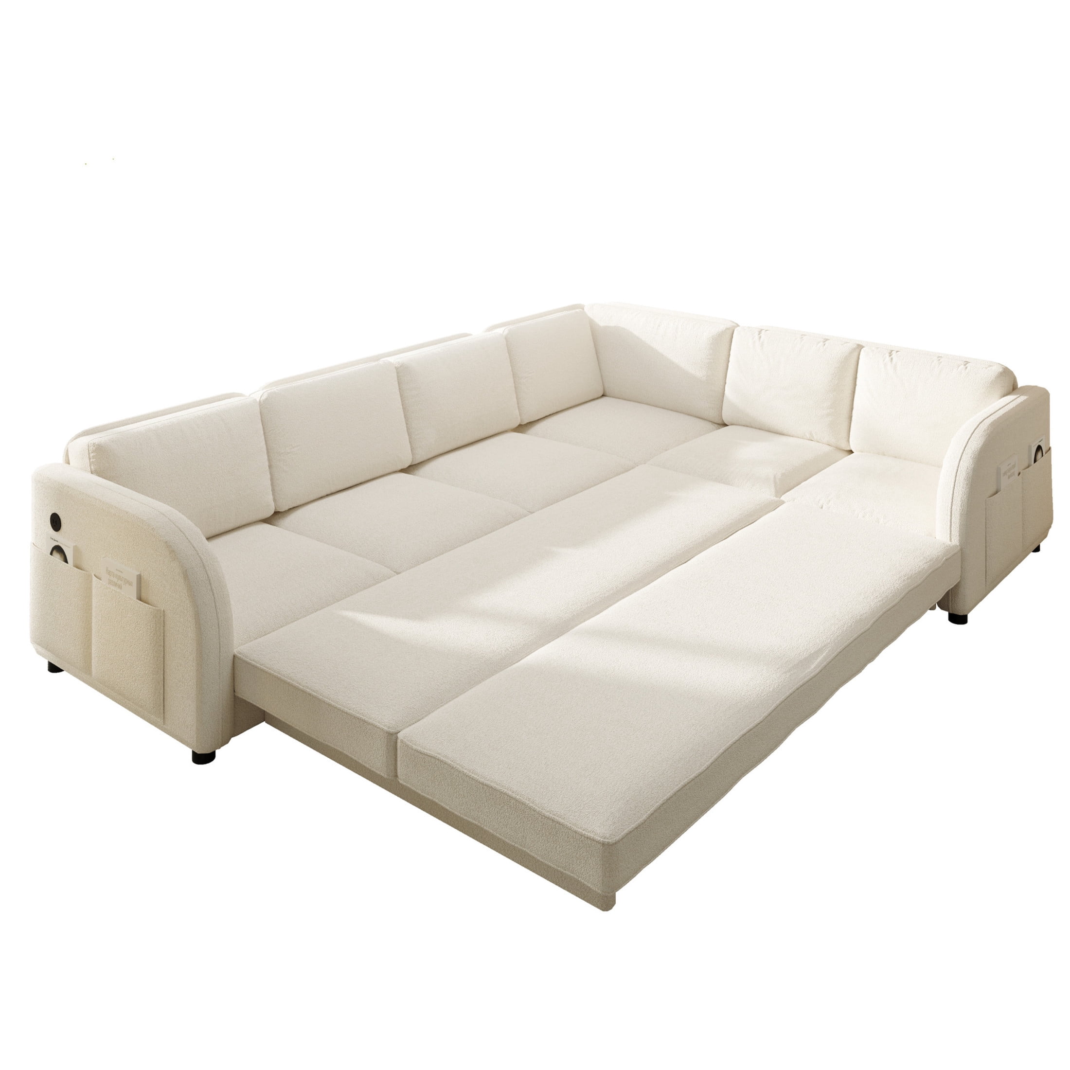Noble House Bryan 115.2" L-Shaped Sherpa Fleece Convertible Sleeper Sectional with Charging Ports, Beige White