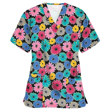 

Danhjin Womens Nursing Scrub Tops Printed Working Uniform Short Sleeve V-Neck Workwear Blouse T-shirt with Pockets Christmas Womens Scrubs - Summer Savings Clearance