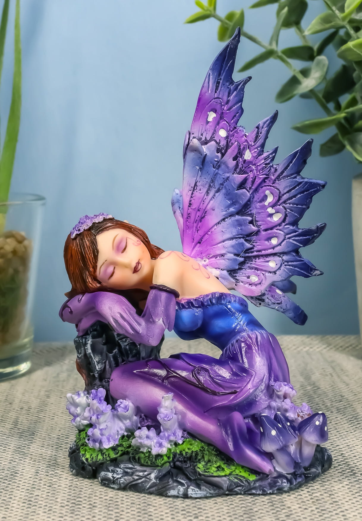 Sleeping Purple Lavender Girl Fairy Garden Statue 4.5"Tall Twilight Fae Pixie