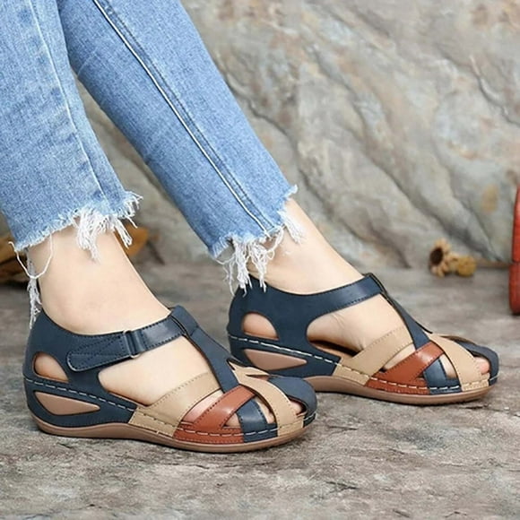 ZKCCNUK Summer Plus Size Women Orthopedic Sandals Summer Plus Size Orthopedic Sandals Retro Round Toe Color Matching Women's Casual Wedge Sandals Arch Support Sandals Women's on Clearance