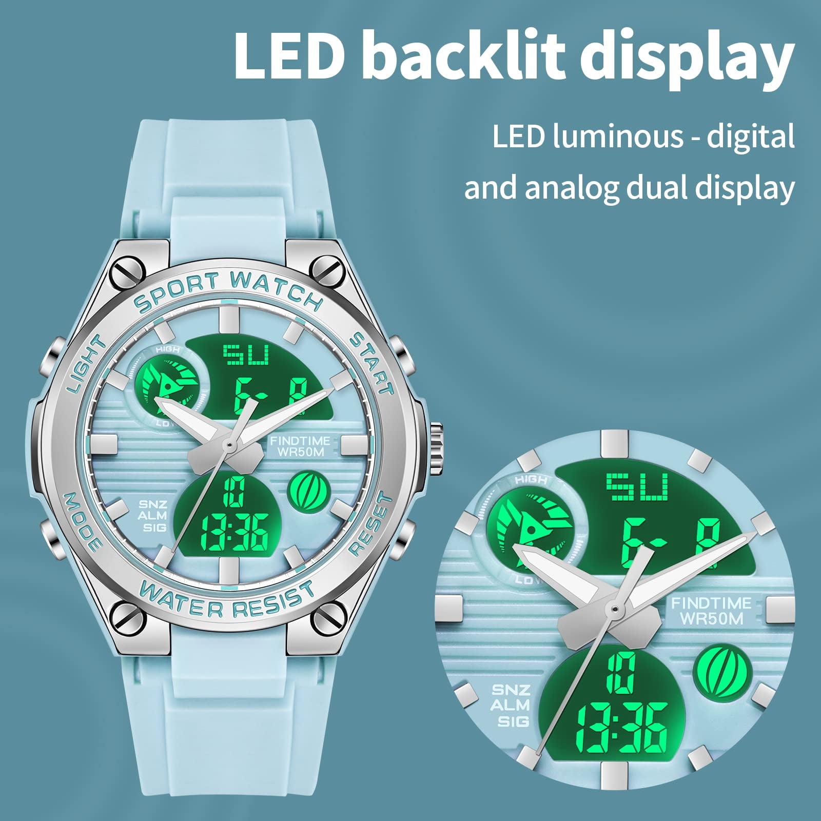 Findtime Ladies Sport Digital Watches Wrist Watch for Women with Waterproof Dual Time Date Luminous Back Light Week Alarm Stopwatch Count Down White Black Blue Green