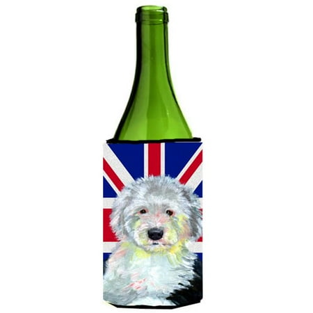 

Old English Sheepdog With English Union Jack British Flag Wine bottle sleeve Hugger - 24 Oz.