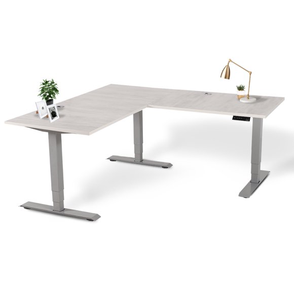 EFFYDESK Executive L-Shaped Height Adjustable Home Office Computer Standing Desk with Cable Management Tray (71"×71") Oak White on Grey Frame