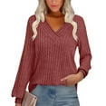 thumbnail image 2 of BiZtdJrK Womens Loose Fit T Shirts Ribbed Knit V Neck Long Sleeve Blouses Solid Casual Pullover Sweaters Going Out Tops, Red, XXL, 2 of 9