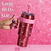 Paris Hilton 40oz Stainless Steel Tumbler Set, with Removable Handle, Straw, and Lid, 40 Ounce, Metallic Hearts and Thats Hot, Pink