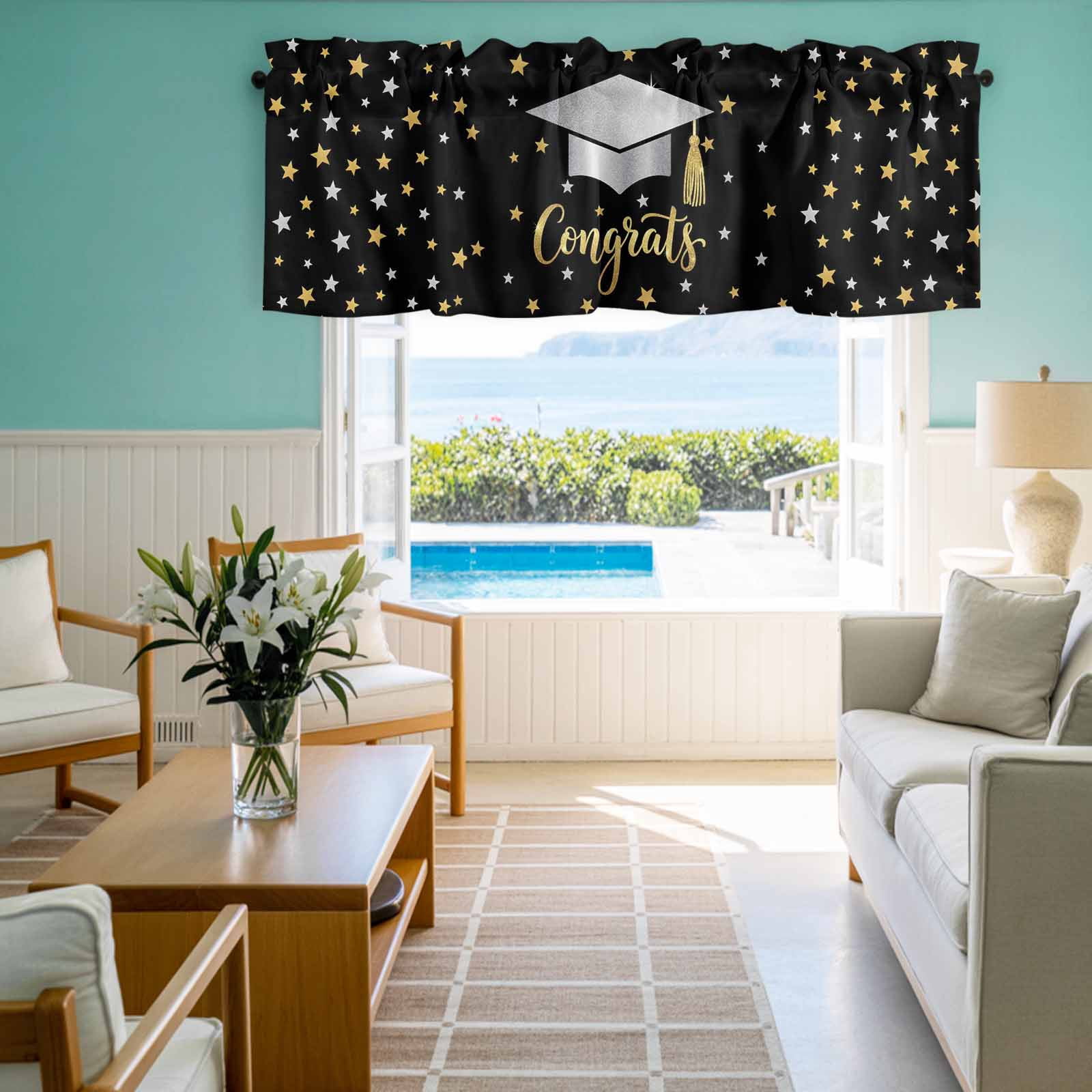 Congratulate Graduate Season Valances for Windows Graduation Hat Golden Sliver Star Black Rod Pocket Curtain Valance Window Treatment Short Curtains for Kitchen Living Room, 60"x18"