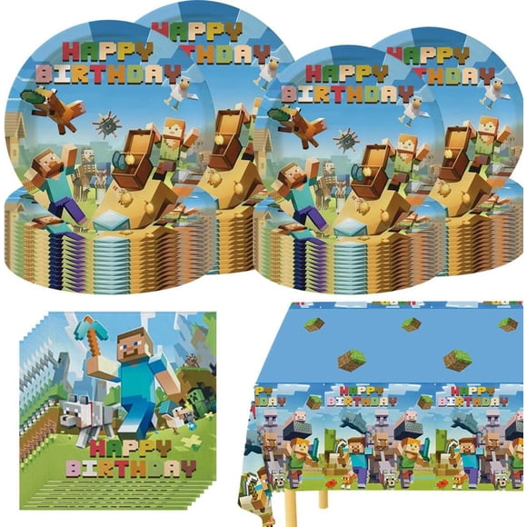Pixel Party Tableware, 20 Plates and 20 Napkins and Tablecloth71 '' x 42 ''Super Bros Birthday Party Decorate Supplies