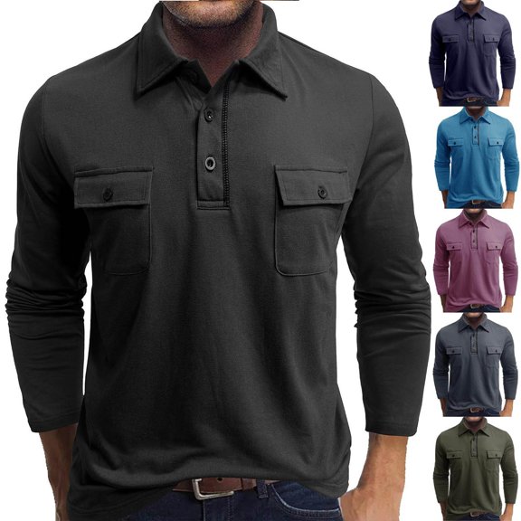 Yaoyar Men's Casual Shirts with Double Pockets Classic Button Basic Long Sleeve Shirt Solid Color Cotton Tees Stylish Tops