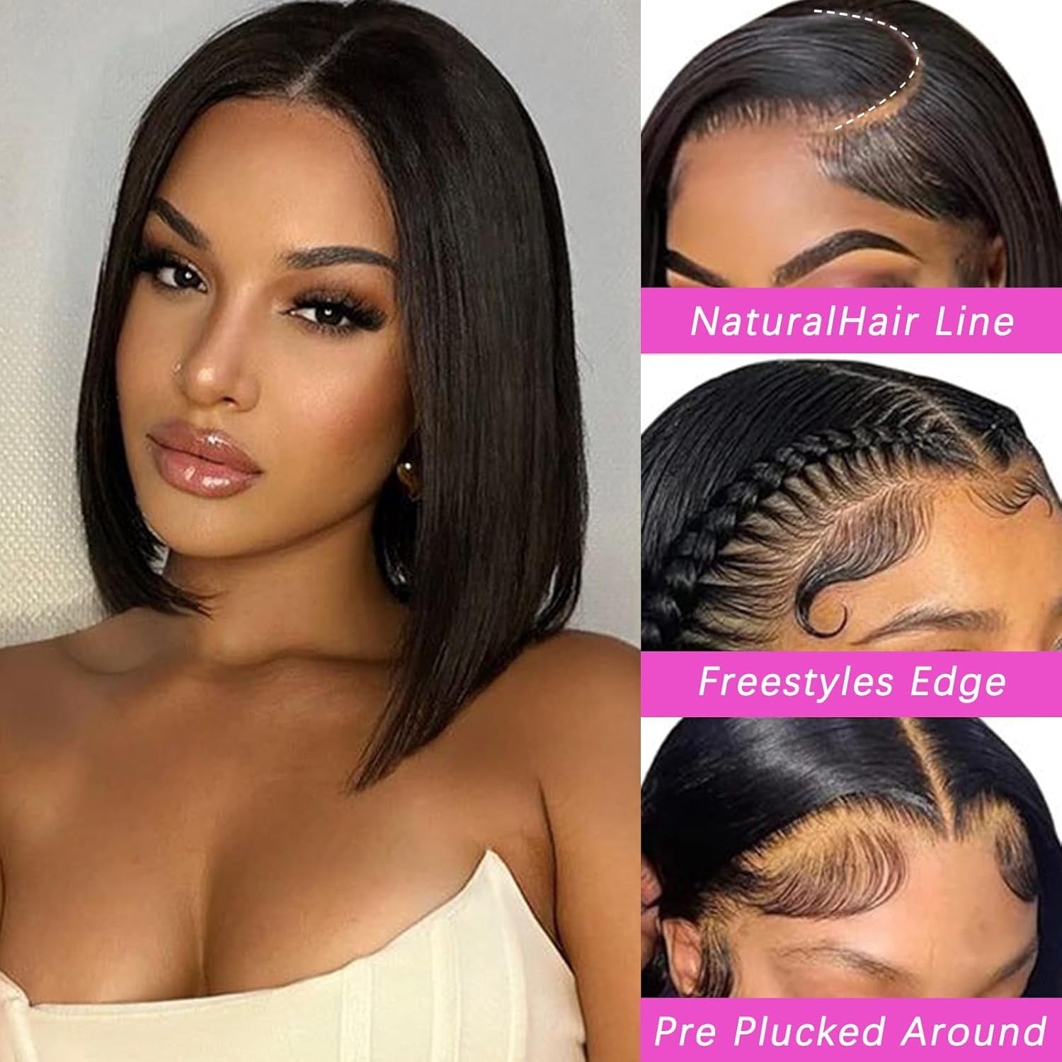 Straight Bob Wig Human Hair 13x4 HD Lace Front Bob Wigs for Black Women 180% Density 12A Glueless Bob Wigs Human Hair Pre Plucked with Baby Hair 12 Inch Bob Human Hair Wig Natural Black