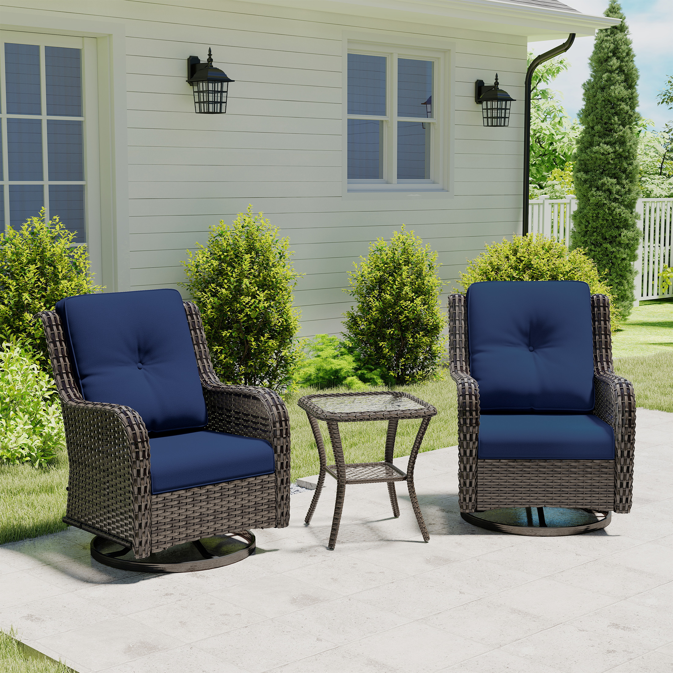 MeetLeisure 3 Piece Wicker Patio Furniture Set with Side Table, Outdoor Swivel Rocker Chairs with High Back, Deep Seating, Wide Armrest, Thick Cushions for Deck Porch, Dark Blue