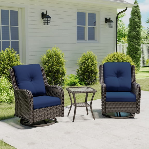 MeetLeisure 3 Piece Wicker Patio Furniture Set with Side Table, Outdoor Swivel Rocker Chairs with High Back, Deep Seating, Wide Armrest, Thick Cushions for Deck Porch, Dark Blue