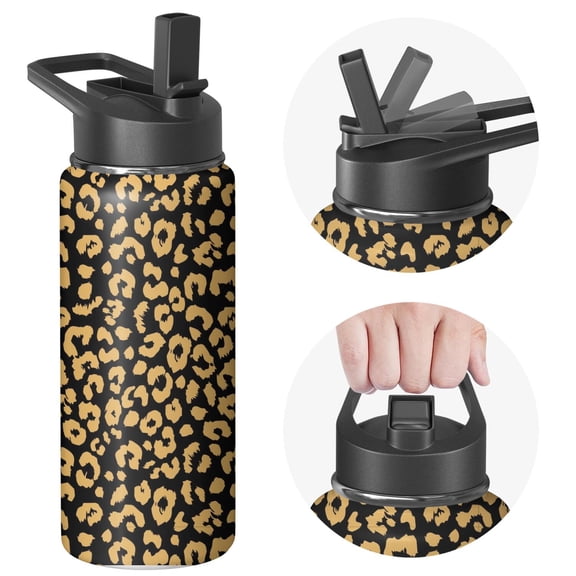 Leopard Print Insulated Stainless Steel Water Bottle with Straw & Cleaning Brush – 18 Oz | Leakproof, BPA-Free, 304 Stainless Steel, Wide Mouth, Travel Mug for Car, Gym, Office