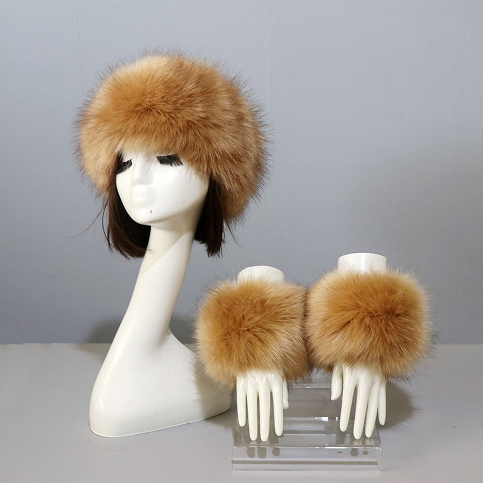 comerut 1 Set Women Headband Gloves Solid Color All Match Faux Fur Furry Empty Top Hat Wrist Sleeves for Skiing