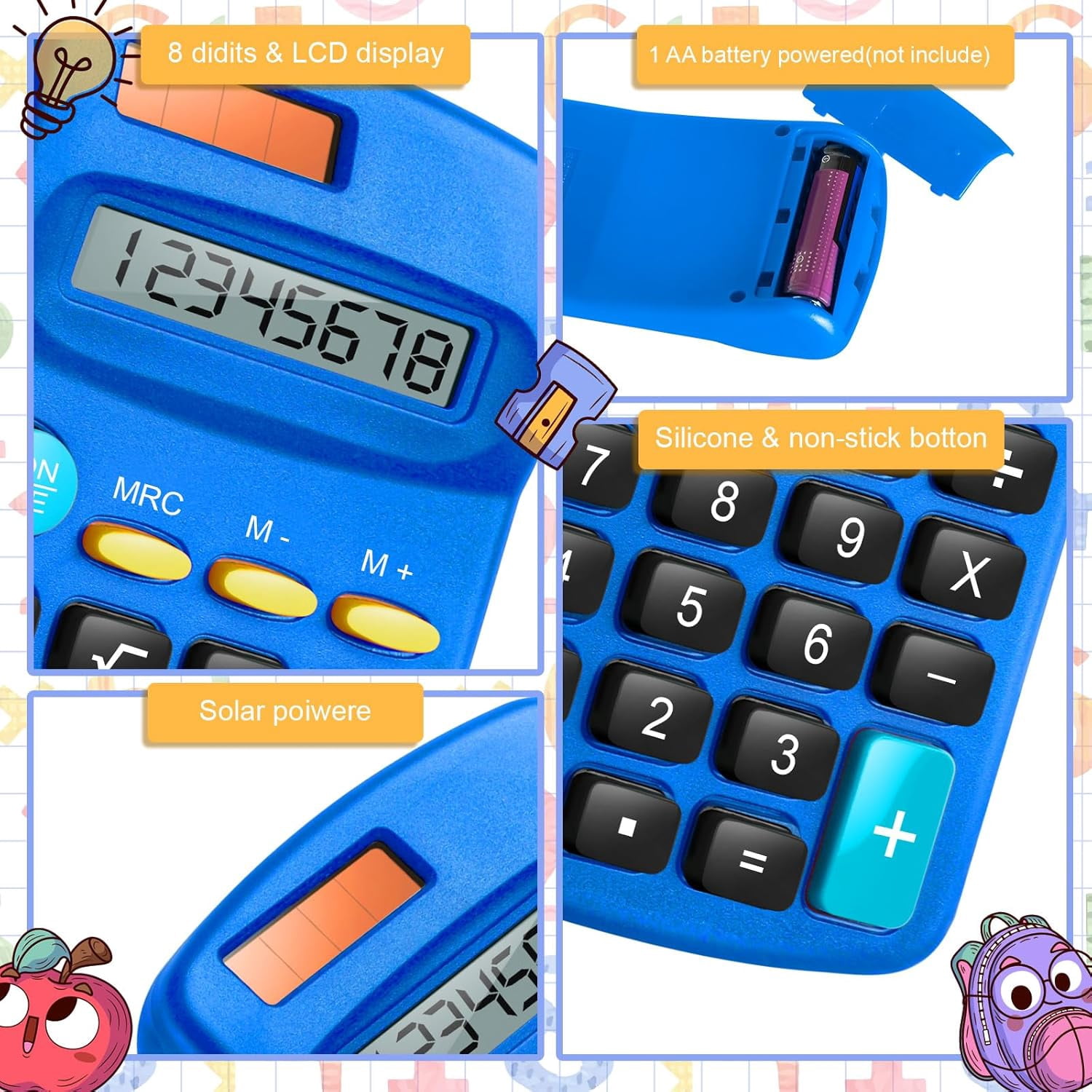 12 Packs Pocket Size Mini Blue Calculator Basic Calculators for Handheld Angled Students 8 Digit Display Solar Battery Dual Power Small Kids Home Office