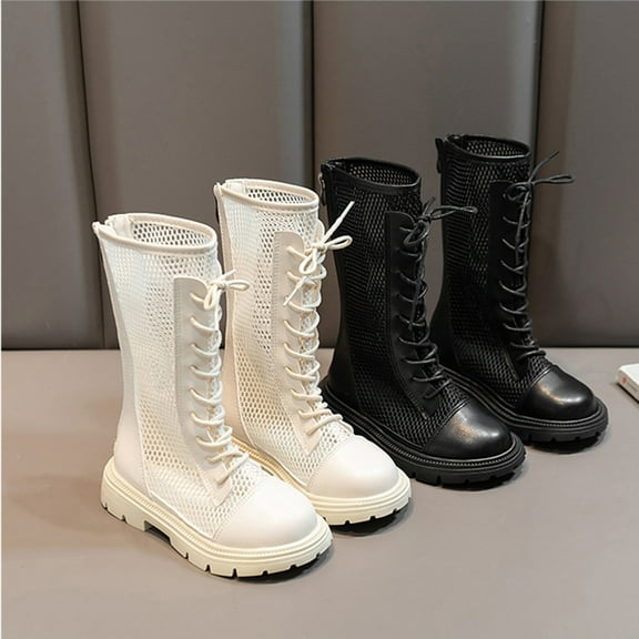 Juebong Girls Lace-Up Combat Boots with Side Zipper, Mesh PU Leather Knee-High Lug Sole Dress/School Boots for Toddler/Little/Big Kids Black,27