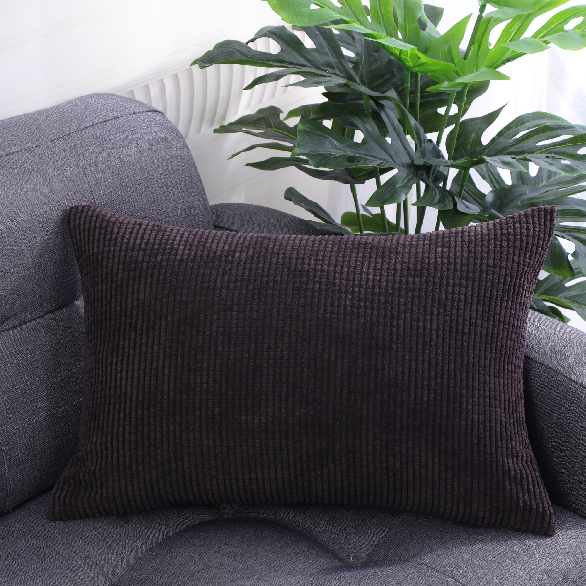 PiccoCasa Velvet Corn Striped Rectangle Throw Pillow Cover, Dark Brown, 12"x18"
