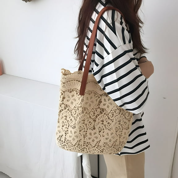 TELOLY Summer Bucket Shoulder Bag for Women Lace Crochet Flower Elegant Vacation Beach Bag Large Capacity Shopping Bag Purse