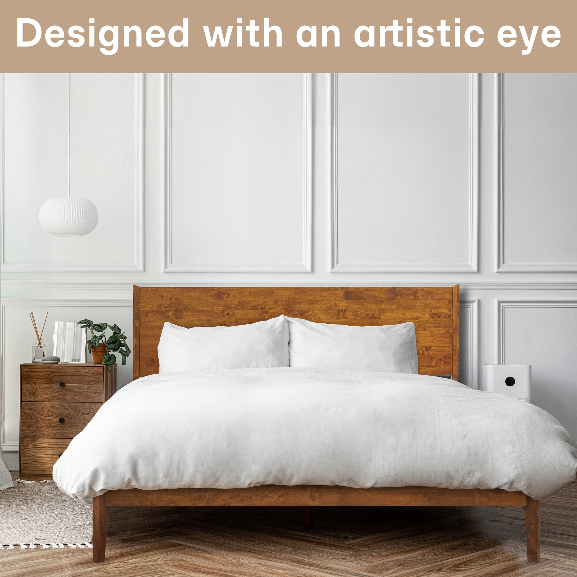 Acacia Haven King Size Bed Frame and Headboard Solid Wood Platform Bed, King Bed Frame 800 lbs Capacity, Scandinavian Signature Wood Bed Compatible with All Mattresses, Caramel