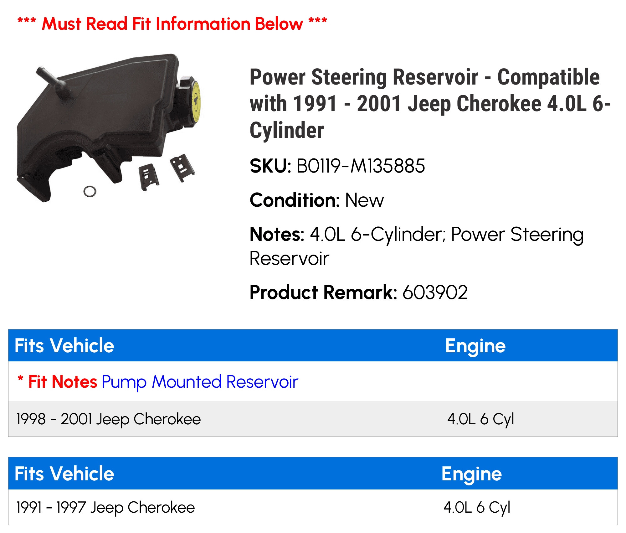 Power Steering Reservoir - Compatible with 1991 - 2001 Jeep Cherokee 4.0L 6-Cylinder 1992 1993 1994 1995 1996 1997 1998 1999 2000
