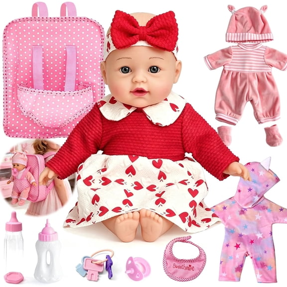 AuntyFey 12-inch Soft Baby Doll with 3 Outfits, Backpack Carrier & Accessories, Pretend Play Gift for Girls