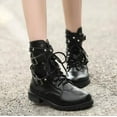 thumbnail image 3 of Women's Motorcycle Boots, Ladies Stylish Retro Combat Mid-calf Lace up Combat Boots with Studded Low Block Heels, 3 of 4