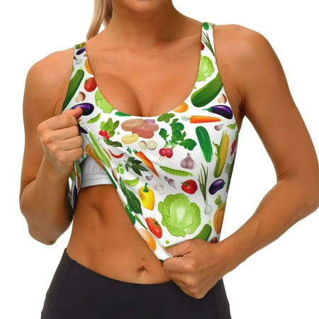 Qokaie Vegetables2 Pattern Womens Scoop Neck Sports Bra Breathable Workout Vest Padded U Back Medium Impact Fitness Gym Yoga Bra Workout Crop Top