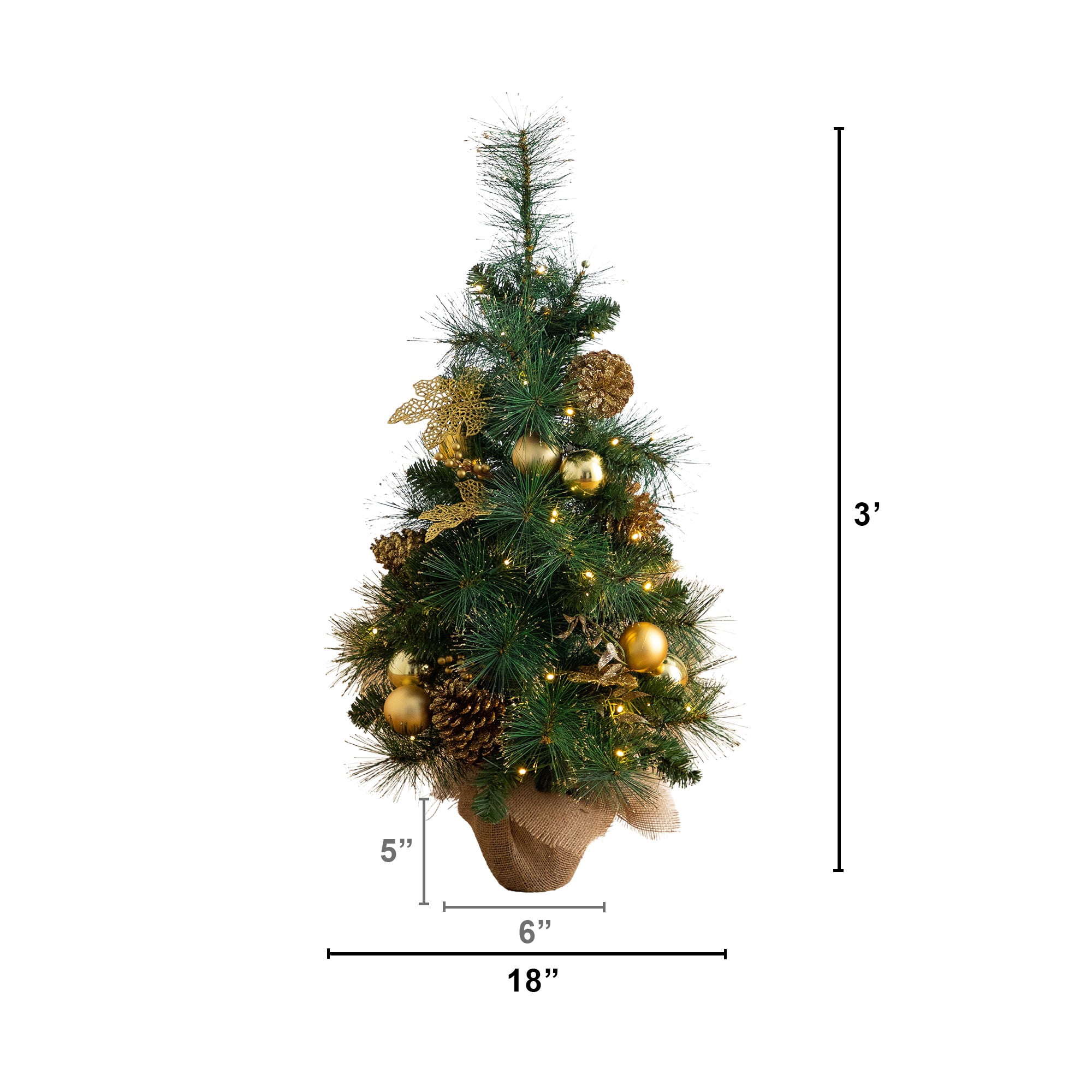 3ft. Artificial Pre-Lit Christmas Tree with Gold Ornaments & Pinecones and 50 LED Lights in Jute Wrapped Base