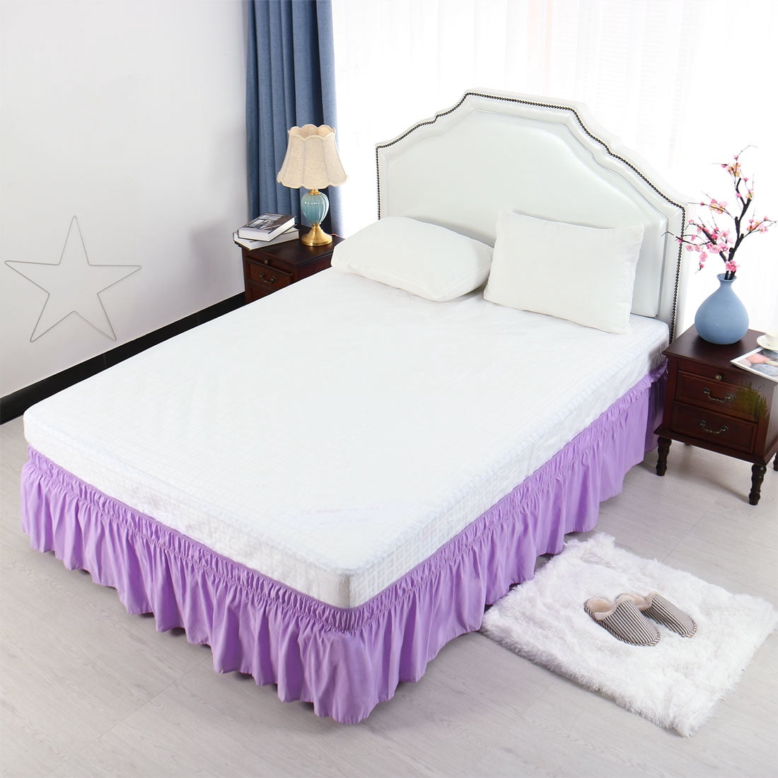 Unique Bargains Polyester Elastic Dust Ruffled Bed Skirt with 15" Drop Full Light Purple