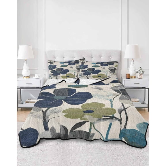 Quilts Twin XL Size, Navy Blue Green Floral Soft Comforter Bedding Set for Bed, Vintage Botanical Leaves Lightweight Quilted Bedspread with Pillow Cover(2 Pieces) for All Season, 68x98 Inch