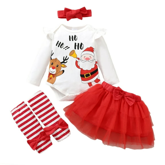 Toddler Baby Girls Clothes Baby Girls Christmas Outfits Letter Print Long Sleeve Romper Top Tulle Skirt Headband 3PCS Fall Winter Clothing Set Red 12-18 Months