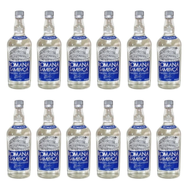 pack de 12 licor sambuca romana blanco 750 ml conjunto frontal de doce botellas 750 ml en dos filas; botellas transparentes con líquido claro, etiqueta azul y blanca con texto 'Romana Sambuca' y dibujo arquitectónico, tapón plateado, fondo blanco.