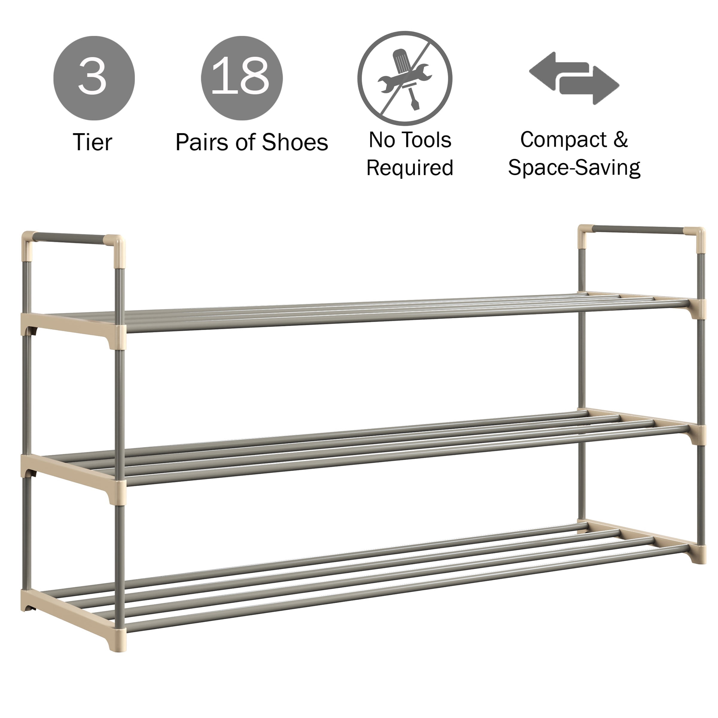 Somerset Home 3-Tier Stackable Shoe Rack Organizer - 40.9"x21.2" Shoe Shelf Organizer for 15 Pairs Sneakers, Heels, Boots (Gray)