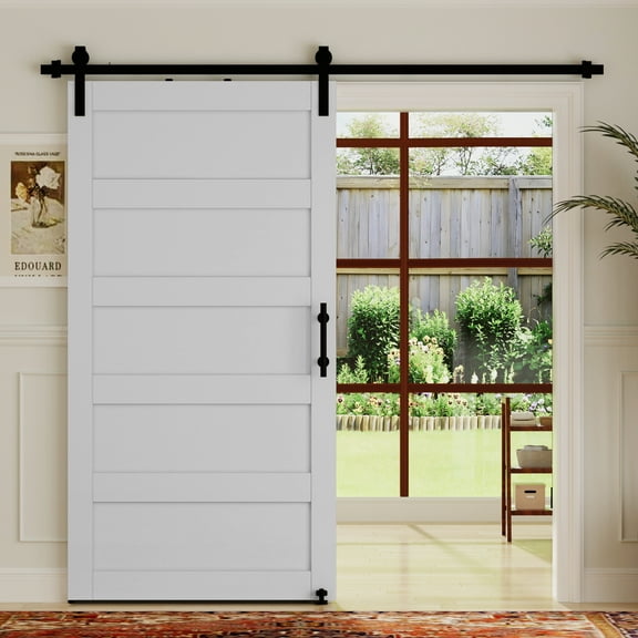 Holaki 36 in. x 84 in MDF White Latticework Barn Door with Hardware - Includes Round Tube Handrail and Swing Stop, Perfect for Modern and Rustic Interiors