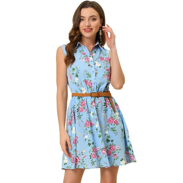 INSPIRE CHIC Robe Sans Manches Ceinturée au-Dessus du Genou à Demi-Patte de Boutonnage Imprimée pour Femme Bleu-Rose Floral L