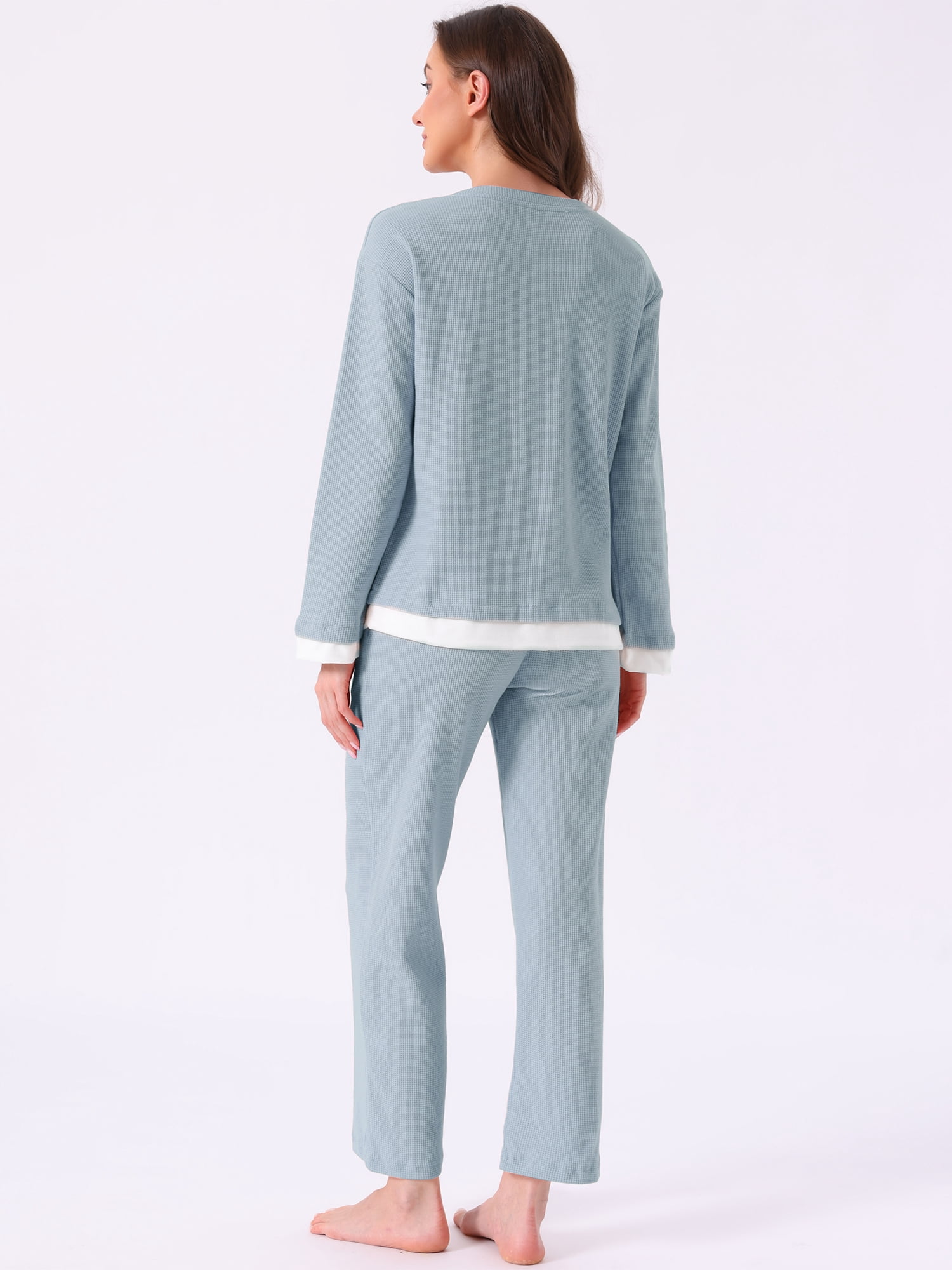 DARING DIVA Women's Soft Waffle Cotton Pajamas Long Sleeve with Pants Set S Blue