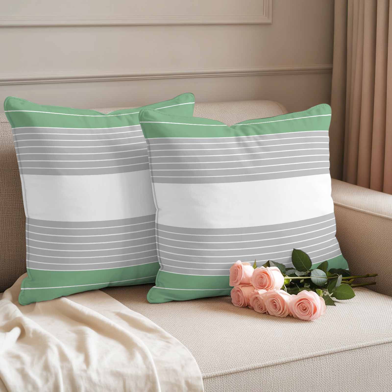 Green Grey Stripe Outdoor Waterproof Pillow Covers, Modern Art Horizontal Striped Decorative Square Throw Pillowcase Sofa Cushion Sham for Patio/Couch/Chair, 20"x20" 2 Pack
