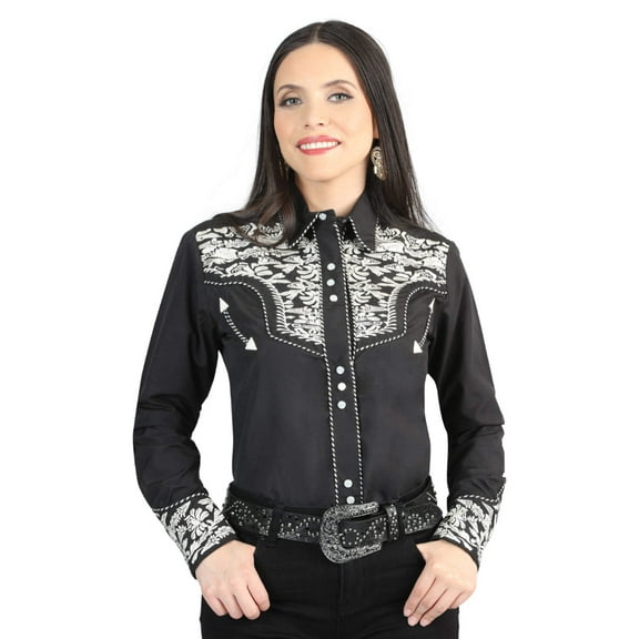 Women’s Black/Silver Embroidered Long Sleeve Western Shirt 'El General' 44342