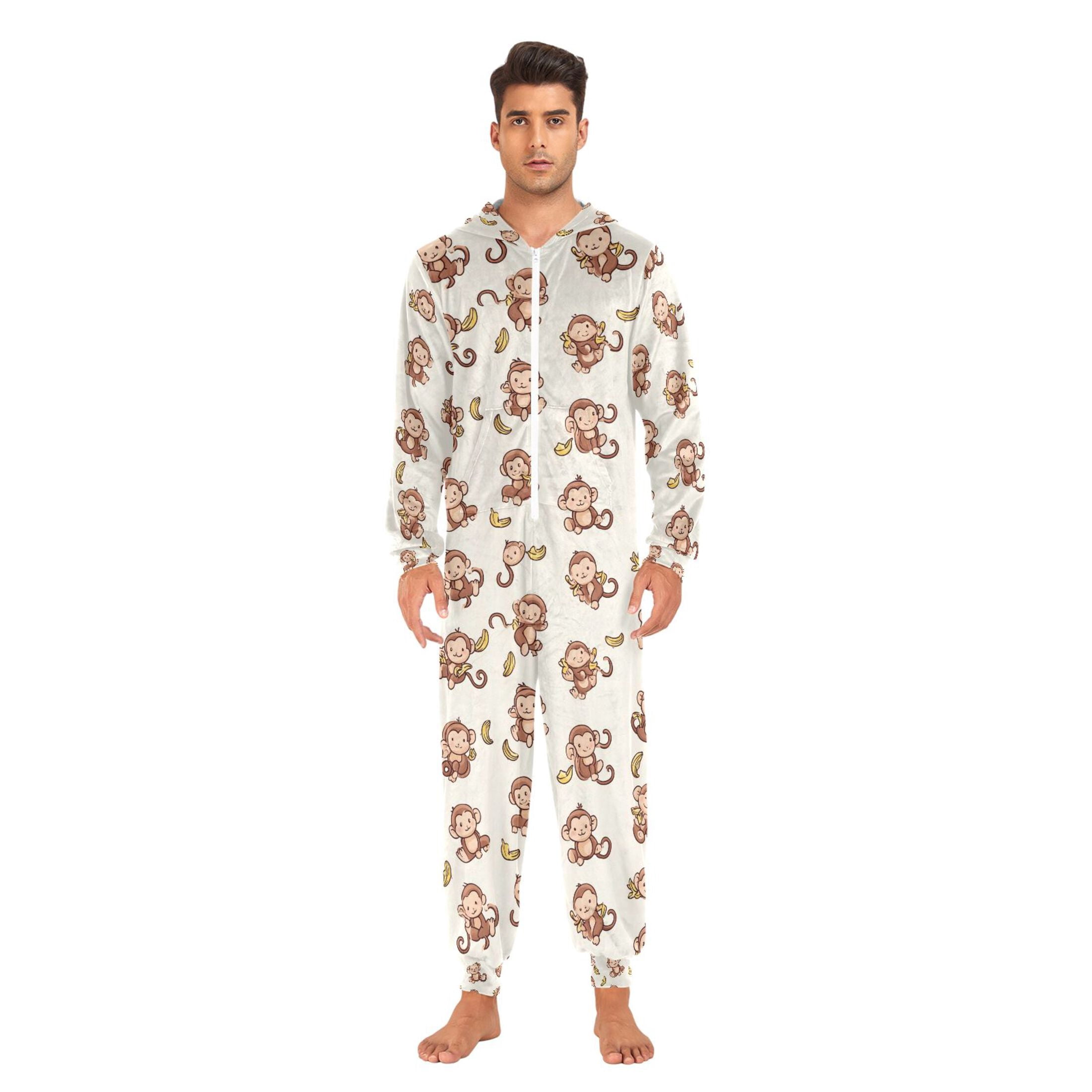 Adult Christmas Onesie Monkey and Banana Adult Zipper One-Piece Pajamas Unisex Pajamas with Pockets