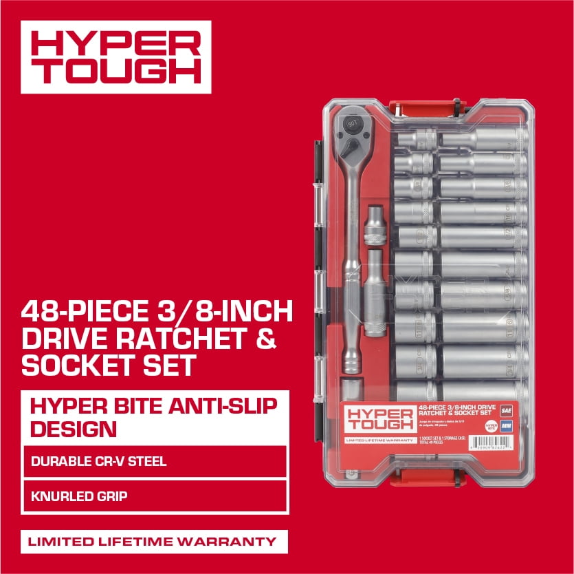 Hyper Tough 3/8-inch Drive Ratchet and Socket Set, SAE and Metric, 48 Pieces