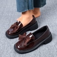 thumbnail image 2 of Womens Platform Loafers Chunky Bow Patent Faux Leather Square Toe Slip On Retro Comfortable Shoes for Casual Preppy Look Brown,Size 7.5, 2 of 9
