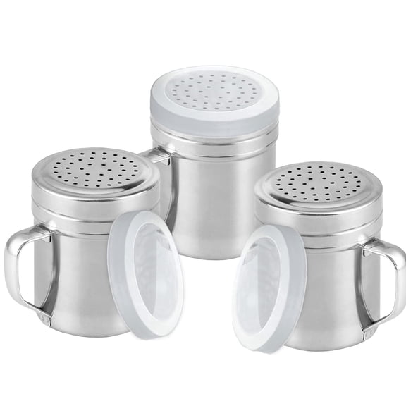 COREBAY 3-Piece Stainless Steel Salt And Pepper Shakers, 10 Oz, Medium, With Handle, Holed Lids & Clear Covers, Ideal For Kitchen & Dining.