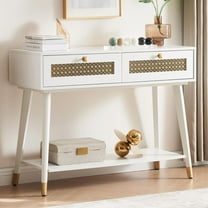 JYED White Mid Century Modern Console Table, Narrow Wood Entryway Table with 2 Storage Drawers and Open Shelf, Farmhouse Entry Tables for Entryway, Front Hall, Hallway, Living Room