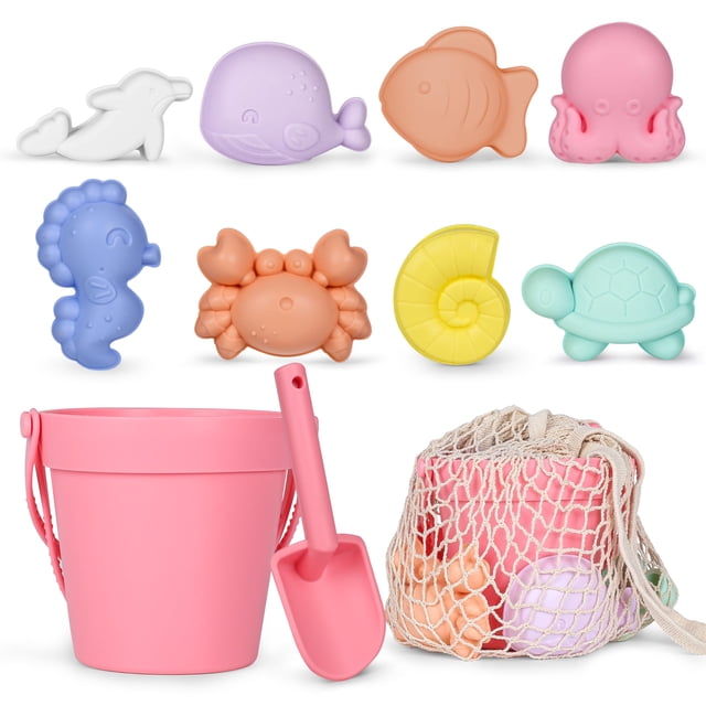 Juego de juguetes de playa de silicona MarcZero Modern Baby de 11 piezas, color rosa melocotón