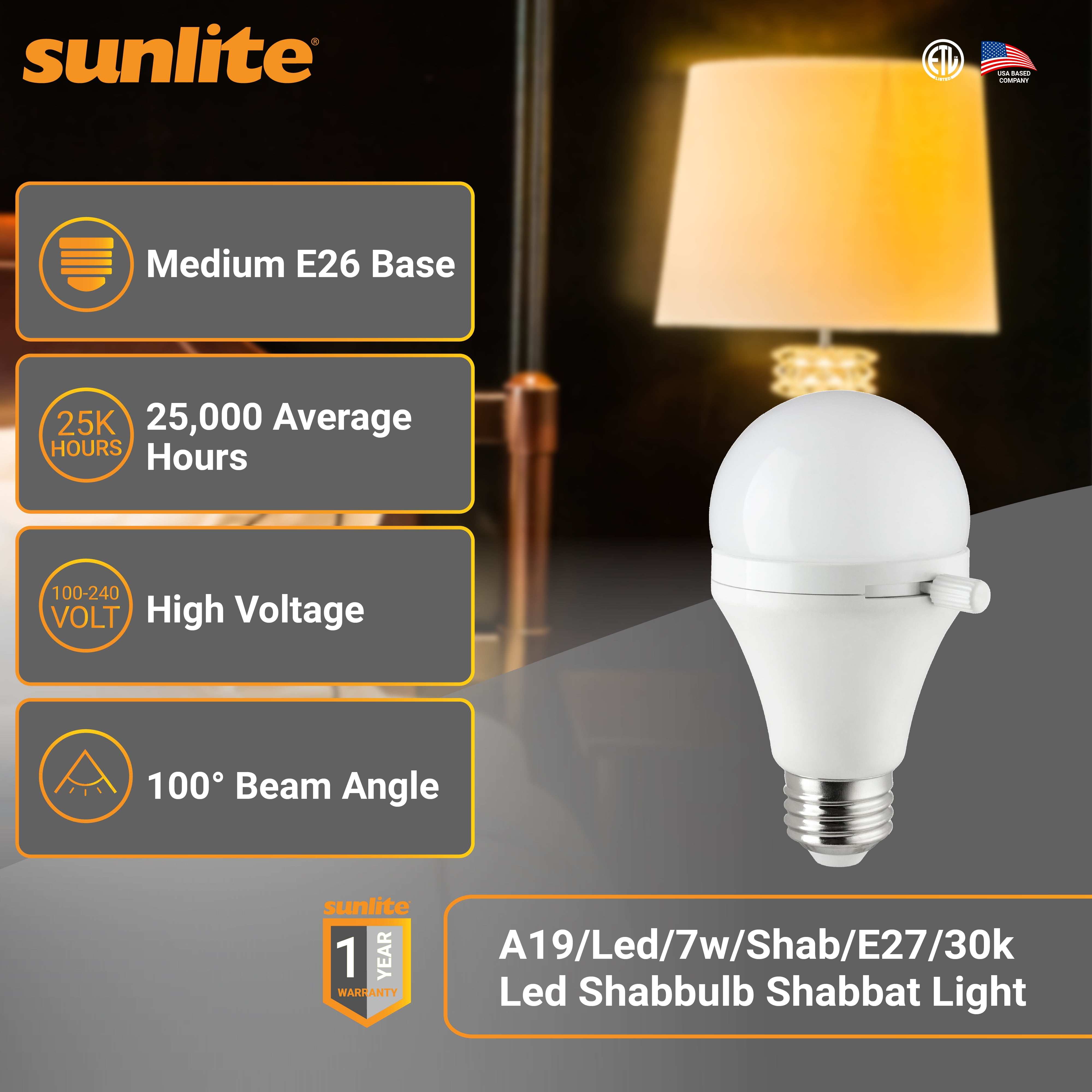 Sunlite ShabBulb, Shabbat Permissible LED Light Bulb, 3000k, 7 Watt (40 Watt Equivalent) Warm White