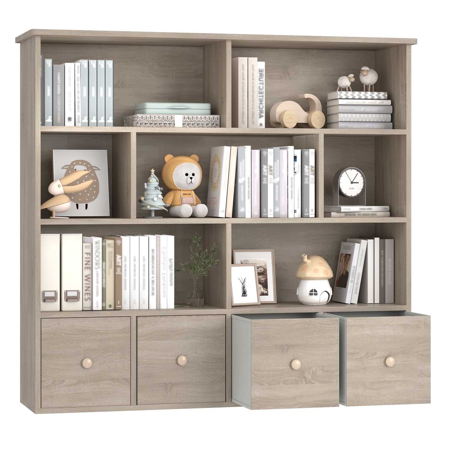 Erinnyees Kids Toy Organizer: 4-Drawer Bookshelf with 7 Cubbies, Natural