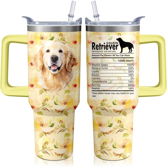 40oz Golden Retriever Dog Tumbler with Handle and Straw, Cute Stainless Steel Insulated Cup with Lid and Straw, Travel Coffee Mug Water Bottle, Birthday Mothers Day Gifts for Women Men Animal Lovers